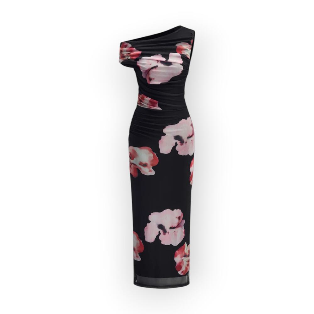Commense Asymmetrical Floral Mesh Ruched Maxi Dress Black Pink Romantic Parisian